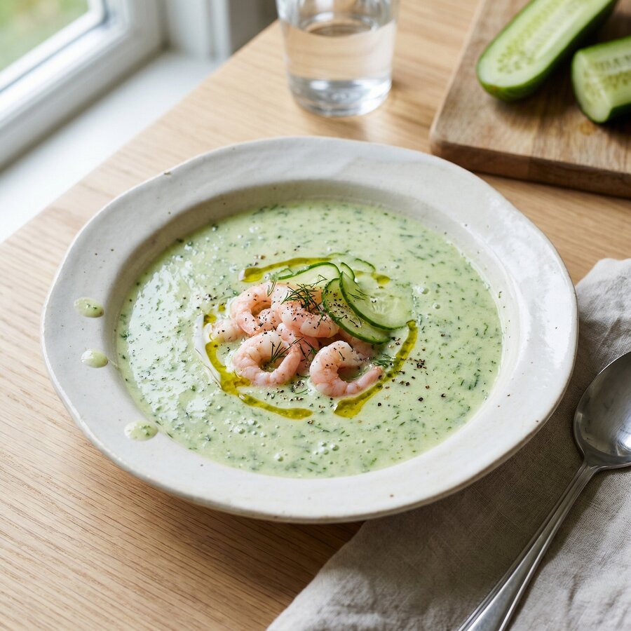 Komkommersoep met garnalen, fris, zomer, gezond, lichte lunch, dille, yoghurt, knoflook