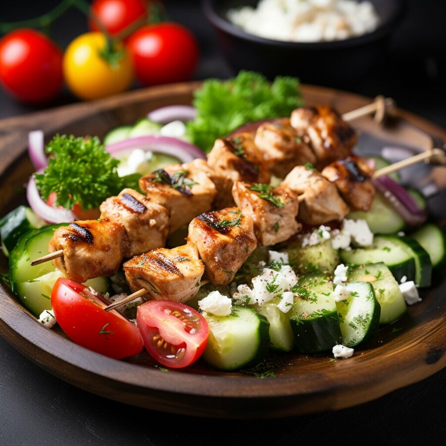 Kip souvlaki met Griekse salade